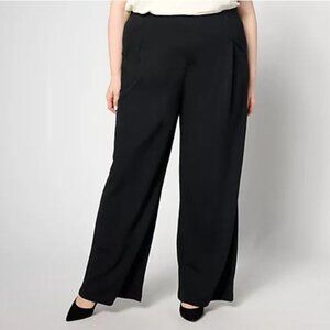 Isaac Mizrahi Live! Petite Stretch Twill Pull on Wide Leg Trousers - Black - SP